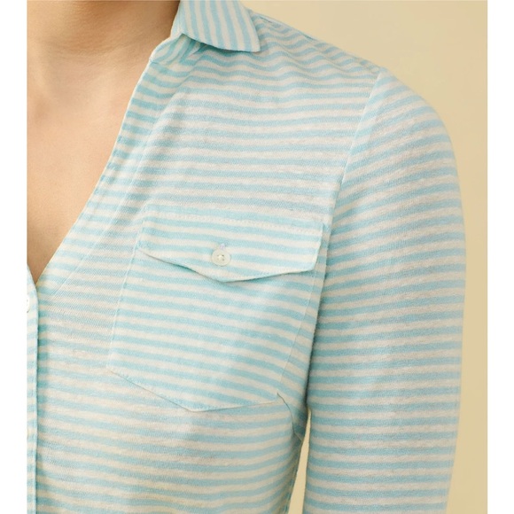 J. McLaughlin Brynn Linen Collared Shirt Blue White Stripe Nautical Preppy - Picture 2 of 11